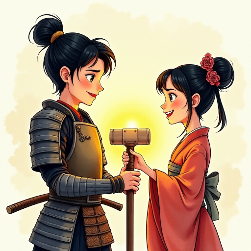 A watercolor and ink-painted, detailed line drawing of a young samurai in armor with black hair, clean-shaven, big eyes, and a large smile, standing next to a beautiful woman in a kimono. Both are holding the shaft of a warhammer together, with the head of the warhammer now adjusted to the proper size. They are the same height and look at each other with affection. The samurai is glowing with a yellowish aura, radiating warmth. The scene has a whimsical, adventurous feel in a Disney-Pixar aesthetic, with soft watercolor tones, intricate ink details, and a magical, cinematic atmosphere