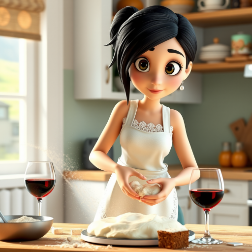 A Pixar-style CGI girl with black hair and black eyes wearing a white apron with lace stands in a kitchen and kneads cake batter. There is flour dust in the air, a glass of wine on the table and the cake ingredients are scattered around. 3D
