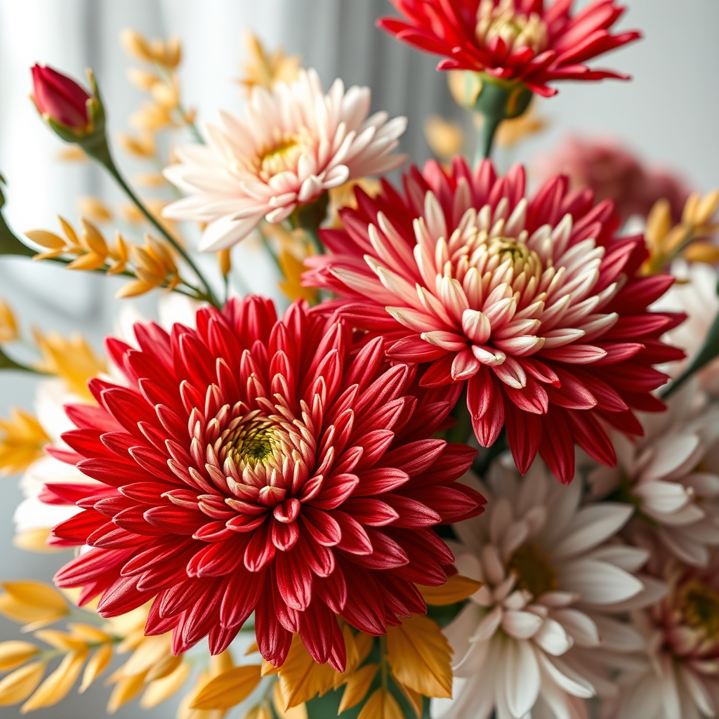 Create a detailed digital illustration of a floral arrangement featuring red and white chrysanthemums with golden leaves, using a macro lens at f/2.8, 1/100s shutter speed, ISO 200, soft natural lighting, and a slight bokeh effect to enhance depth and focus.