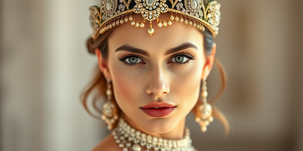 portrait of a model wearing a decorative headpiece and elegant attire, captured with a 85mm lens at f/1.8, ISO 100, in soft natural light, using a Canon DSLR with a shallow depth of field for a smooth blurred background
