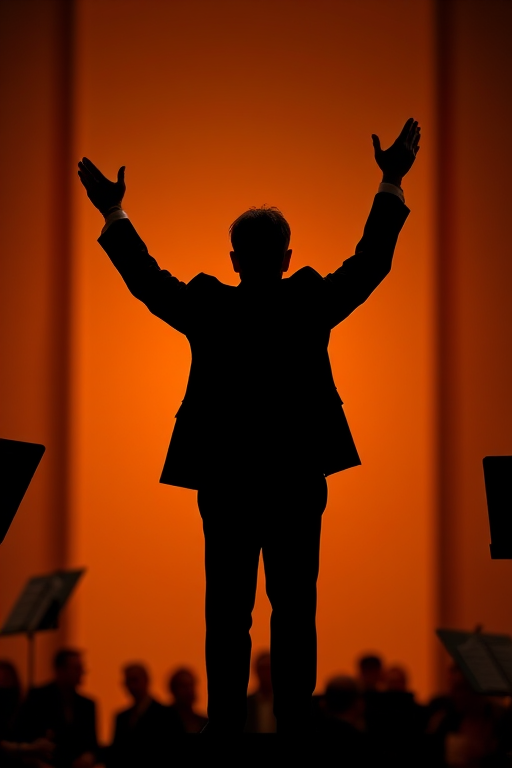 Create a detailed silhouette of a conductor in a formal suit with arms raised, captured in high resolution using a DSLR camera at f/2.8 aperture, ISO 100, at a focal length of 50mm, shot from a slightly low angle to emphasize stature with a soft focus background.