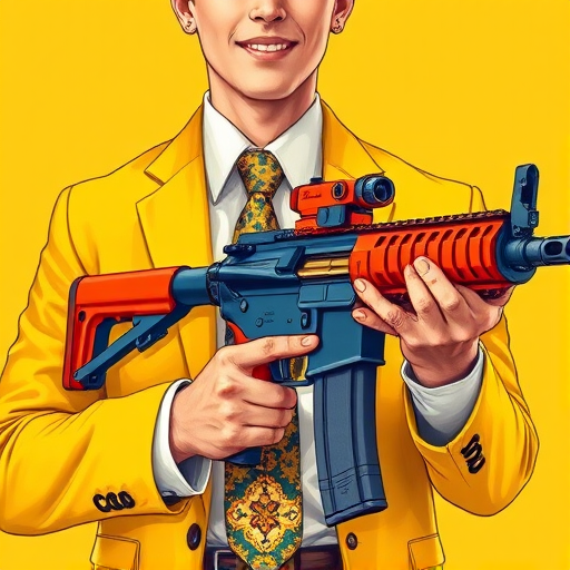 Create a detailed illustration of a confident young man holding a brightly colored assault rifle, dressed in a stylish yellow suit with a white shirt and patterned tie, vibrant colors with a focus on the weapon's details, use a shallow depth of field to blur the background, capture in high resolution with a wide-angle lens, natural lighting for enhanced texture and contrast, taken with a digital DSLR camera.