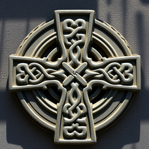Create a high-resolution image of a Celtic cross design with intricate knot patterns, using a Canon EOS 5D Mark IV with a 50mm f/1.8 lens, aperture set to f/8, ISO 100, at a 1/125 shutter speed, captured from a straight-on perspective with natural lighting to enhance clarity and details.