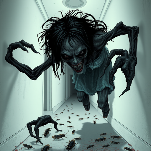 a crooked female with long arms and a creepy smile is crawling along a long white corridor and you can also see cockroaches in it there is a creepy atmosphere creepy art style