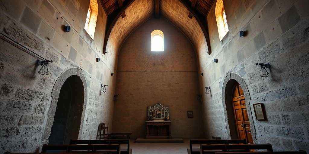 interior of a rustic chapel with arched doorways and textured walls, soft natural light streaming through narrow windows, high resolution, ISO 100, f/8, 1/60 sec, 24mm lens, wide-angle perspective, DSLR camera