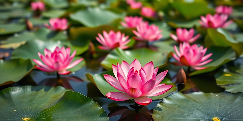 a tranquil pond with vibrant pink lotus flowers surrounded by large green lily pads, shallow depth of field, macro lens, f/2.8 aperture, ISO 200, 1/200 sec shutter speed, soft natural lighting, captured with a DSLR camera