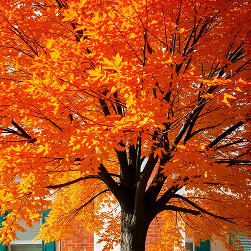 Generate a highly detailed image of a vibrant autumn tree with rich orange and yellow leaves, captured from a low angle view, using a DSLR camera with a 50mm lens, f/1.8 aperture, ISO 200, and a shallow depth of field to enhance the foreground detail and blur the background.