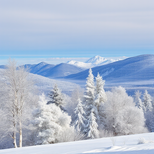 snow-covered landscape with trees in foreground and mountains in background, captured with a DSLR camera, 50mm lens, aperture f/8, shutter speed 1/125s, ISO 100, wide-angle view, natural lighting