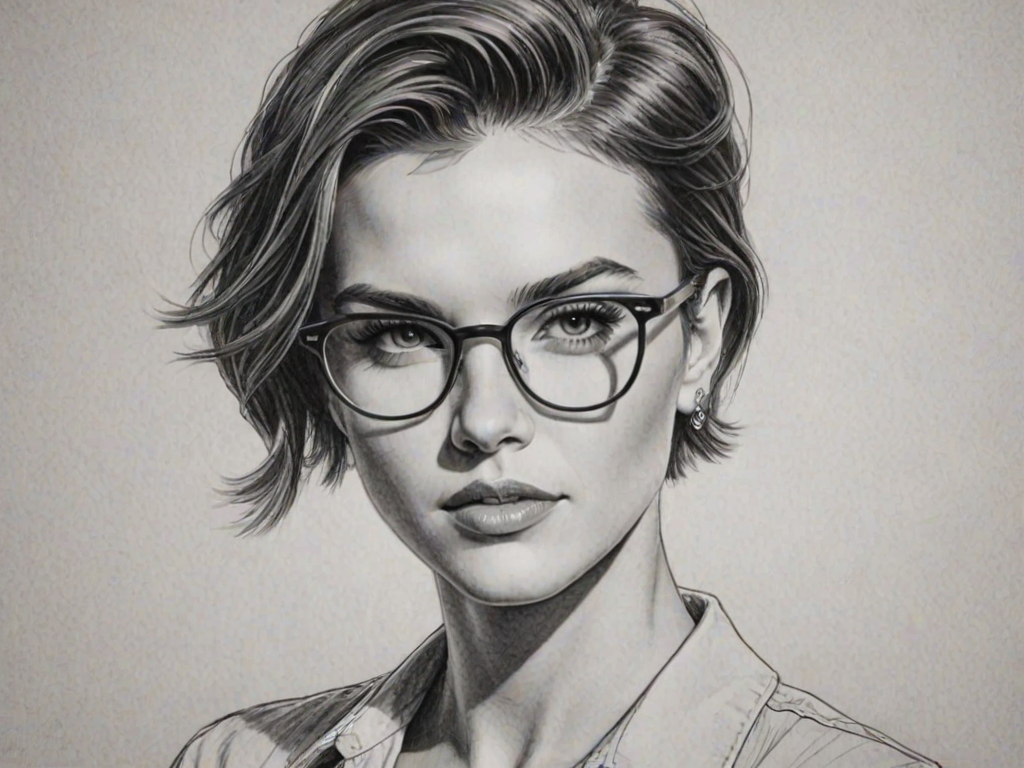 Radiant Ruby Rose, pencil sketch, portrait of Superb woman 1966s in glasses, hair style beatnik, outline, clear lines, fine lines, 8k