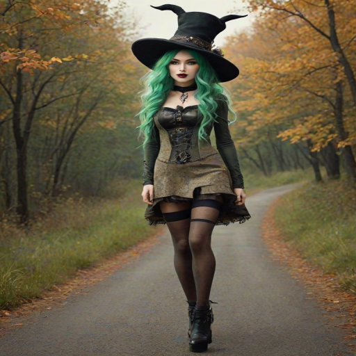 digital art fantasy depicting a strange girl with green hair, long eyelashes, black lipstick and a tall hat walking along a winding road on an autumn afternoon, an Lynx smiles as she passes