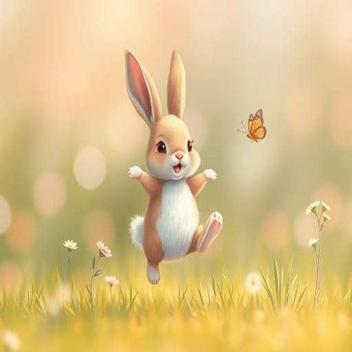 Create a whimsical illustration of a cute rabbit happily jumping with a butterfly nearby in a soft pastel color palette, using a Canon EOS R5 with a 50mm f/1.2 lens, aperture set at f/2.8 for a shallow depth of field, and a soft-focus style to enhance the dreamy atmosphere.