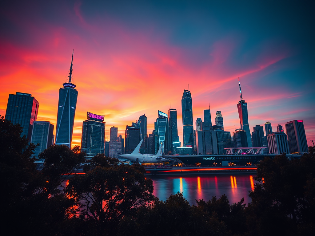 Futuristic city skyline at sunset with neon colors, high contrast, vibrant reflections, trees in foreground, cinematic view, low angle, 35mm lens, f/2.8 aperture, ISO 100, long exposure for smooth water effect.