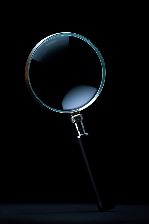 Create a high-resolution image of a magnifying glass with a glowing lens against a black background, using a DSLR camera with a 50mm lens, aperture f/1.8, ISO 100, and a shallow depth of field to emphasize the glass and handle details.