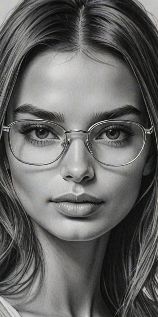 Gorgeous Emily Ratajkowski, pencil sketch, portrait of Enticing woman 1979s in glasses, hair style beatnik, outline, clear lines, fine lines, 8k