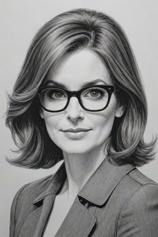 Charming Tina Fey, pencil sketch, portrait of Resplendent woman 1964s in glasses, hair style beatnik, outline, clear lines, fine lines, 8k