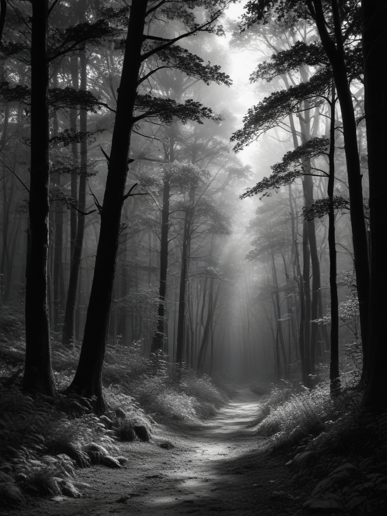 A Mysterious Pathway Through a Foggy Forest Surrounded by Tall Trees.