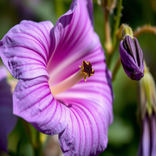 Regenerate a close-up image of a purple bellflower with detailed petal textures and vibrant colors, using a DSLR camera with a 50mm lens, aperture set to f/2.8, ISO 100, and shooting in natural light for enhanced clarity and depth.