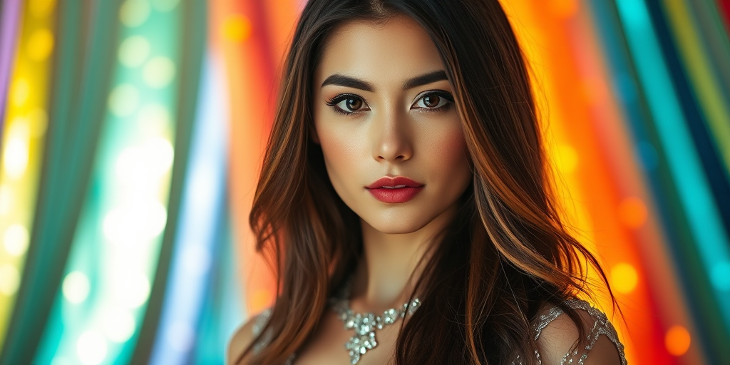 portrait of a woman with long hair in a shimmering dress against a colorful background, high-key lighting, shallow depth of field, ISO 100, aperture f/1.8, 85mm lens, soft focus, DSLR camera