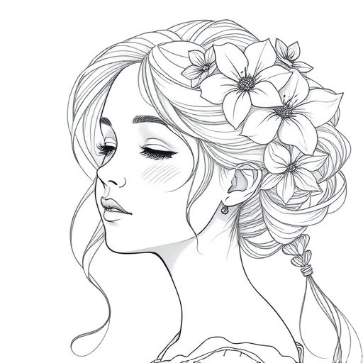 Create a highly detailed line art illustration of a serene girl with flowers in her hair, using a Canon EOS R5 with a 50mm f/1.2 lens at ISO 100, aperture f/4, capturing a soft focus background in natural light to enhance clarity and contrast.