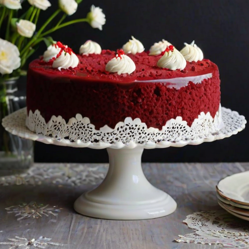 Generate an image of a beautifully decorated red velvet cake on a vintage cake stand. The cake should have a swirl design, showcasing white cream filling. Surround the cake with delicate white flowers and a lace doily. The background should be dark and moody to enhance the cake's vibrant color.