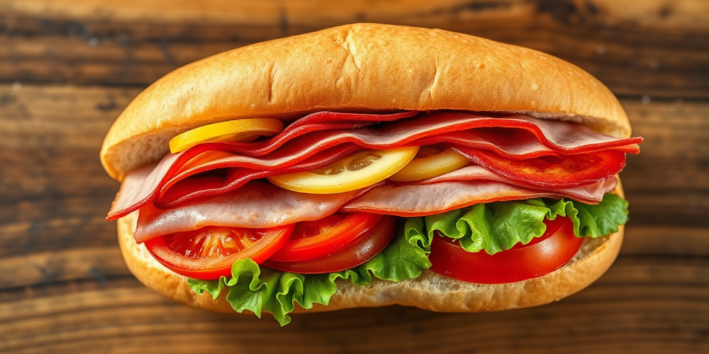 Create a highly detailed illustration of a sub sandwich, showcasing layers of meats, lettuce, and tomatoes, with a focus on vibrant colors and textures, using a Canon EOS R5, 50mm lens, f/1.8 aperture, ISO 100, and a top-down view for clarity and depth.