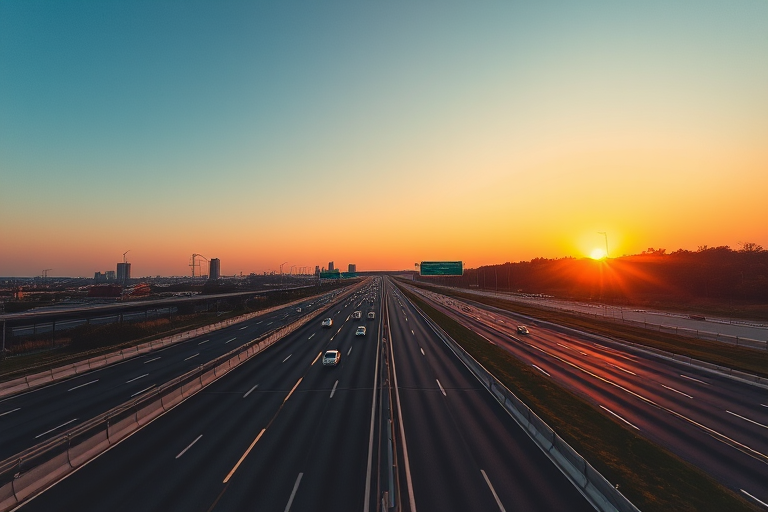 Regenerate an image of a highway at sunset with clear skies and light traffic, captured with a Canon EOS R5, ISO 100, f/8 aperture, 1/125 sec shutter speed, wide-angle lens, capturing a dynamic perspective from an elevated viewpoint.