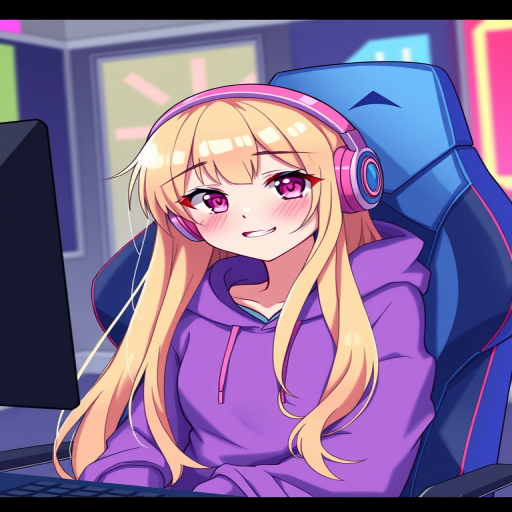 Create a vibrant digital illustration of a cheerful anime girl with long blonde hair and pink headphones, wearing a purple hoodie, seated in a gaming chair, using a high-resolution digital canvas, with a focus on bright colors and clear outlines, and employing a soft shading style.