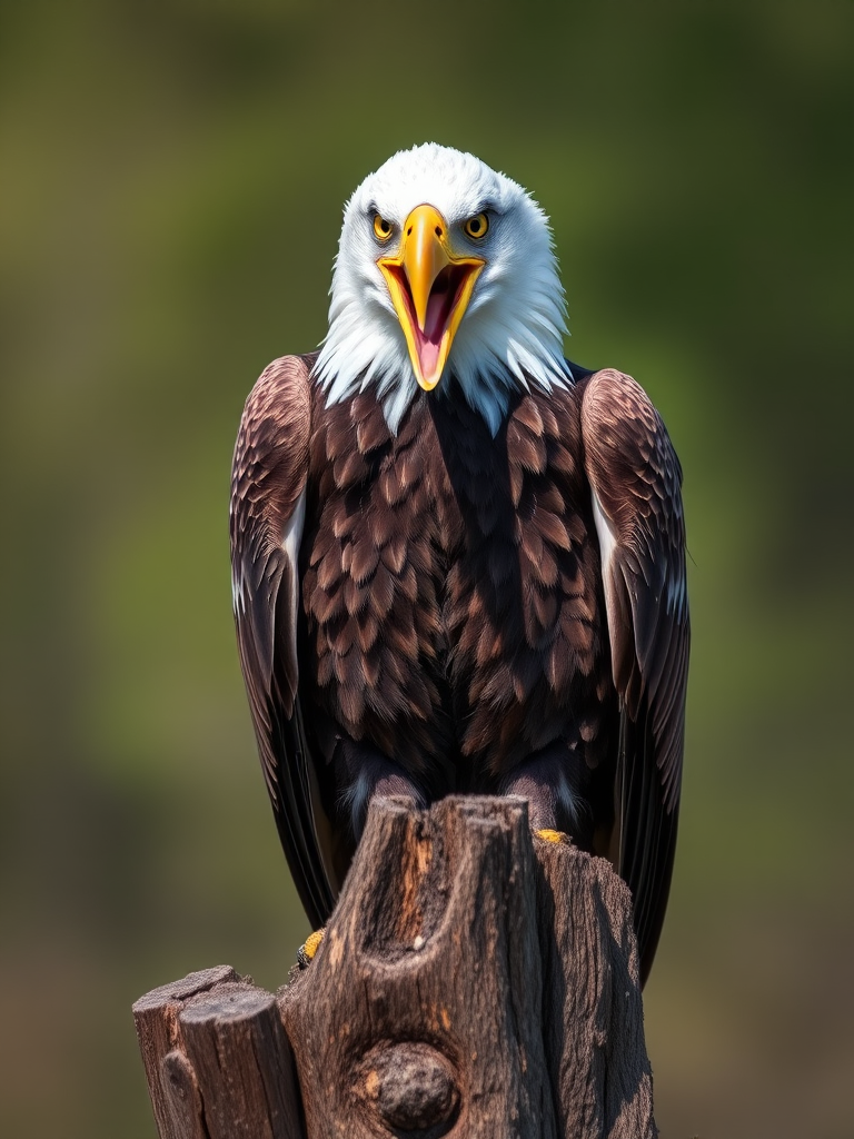 A close-up of a bald eagle with its beak open perched on a wooden stump, captured with a Canon EOS 5D Mark IV, 85mm lens, f/2.8 aperture, 1/250 sec shutter speed, ISO 100, in natural light for enhanced image clarity and detail.