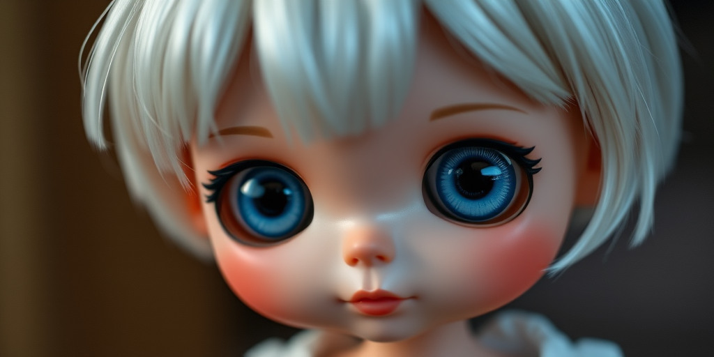 portrait of a doll with short white hair and large expressive eyes, soft lighting, shallow depth of field, aperture f/2.8, ISO 100, 50mm lens, focus on the face, captured with a DSLR camera, high resolution