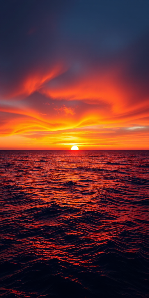 Capture a high-resolution image of a vibrant sunset over a calm ocean, with a wide-angle lens at f/11, ISO 100, 1/200 sec, using a DSLR camera, with natural colors and enhanced contrast.
