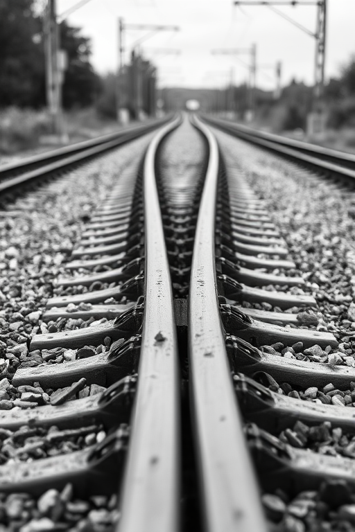 scenic black and white photograph of train tracks diverging, focus on the texture of the gravel and rails, shot at f/8 aperture, ISO 200, 50mm lens, taken from a low angle with a wide perspective, using DSLR camera