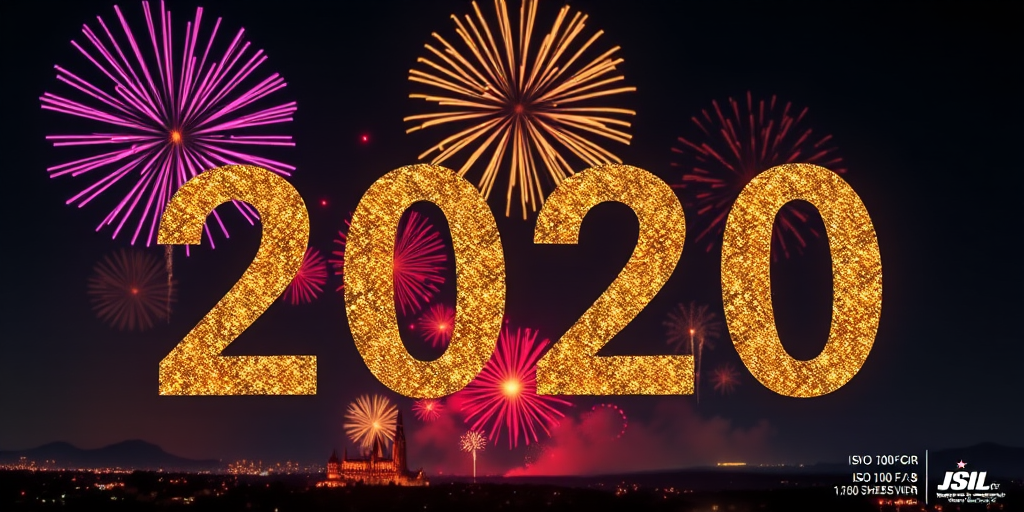 Create an image featuring the number "2020" in a stunning golden glitter style, surrounded by vibrant fireworks in a night sky, captured with a DSLR camera at ISO 100, f/8 aperture, 1/60 sec shutter speed, and wide-angle view.