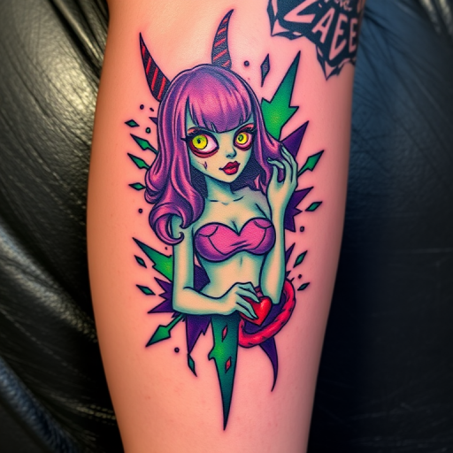 Vibrant new school tattoo on the shin, featuring a cartoonish zombie pinup girl surrounded by bold, exaggerated elements in electric green and purple