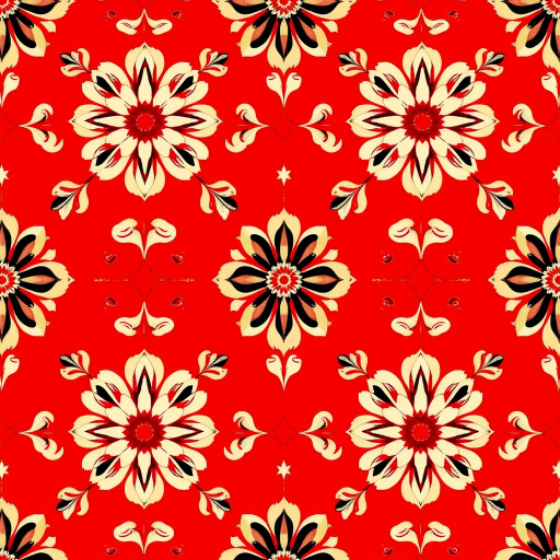 Create a seamless pattern with intricate floral motifs in red, black, and cream on a rich red background, using a macro lens to capture sharp details, set at f/8 for depth of field, ISO 100 for clarity, taken with a DSLR camera from a straight-on perspective.