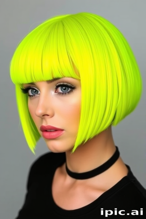 Vivid neon yellow bob called "Electric Sunshine" features a blunt cut with razor-sharp edges and subtle lime green undertones, creating a bold and energetic statement
