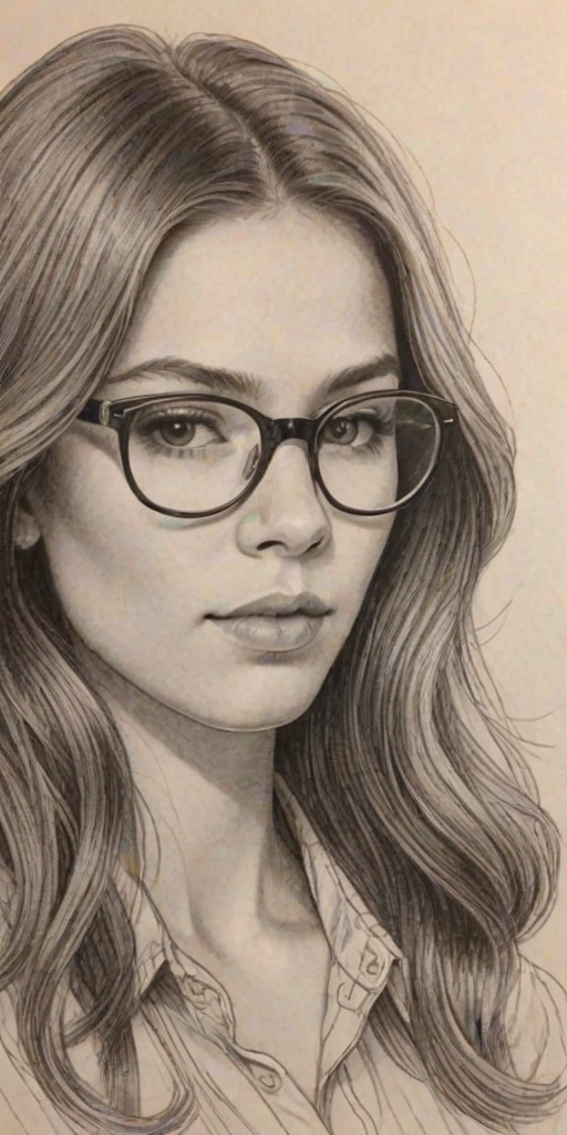 Alluring Haliee Steinfeld, pencil sketch, portrait of Wonderful woman 1970s in glasses, hair style beatnik, outline, clear lines, fine lines, 8k
