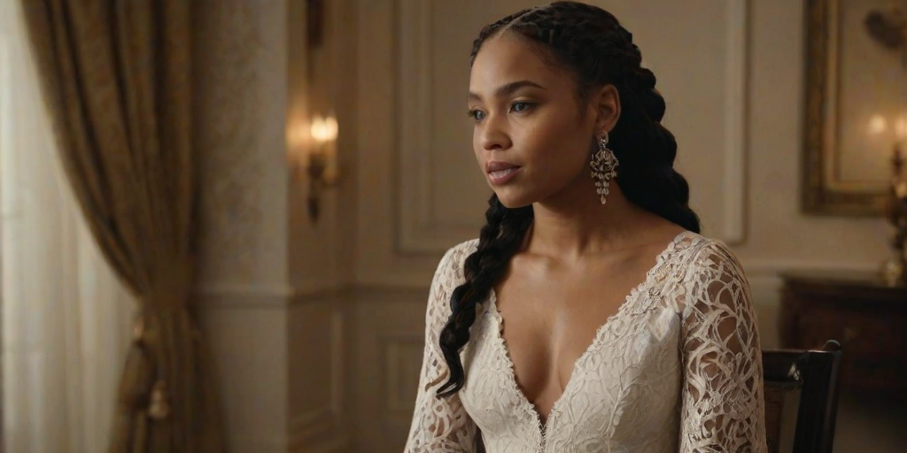 Create a portrait of a refined and elegant Cape Verdean woman seated in a sophisticated setting. She has long, wavy hair styled in two thick braids that are pulled over her shoulders. She wears a white, lace gown with intricate patterns, featuring a deep V-neckline and short sleeves. The dress exudes a vintage charm with its delicate lacework. She is adorned with ornate, dangling earrings that add a touch of glamour to her appearance. The background is softly lit, with warm, ambient lighting that creates a cozy and inviting atmosphere. Her expression is poised and serene, capturing a sense of grace and elegance.