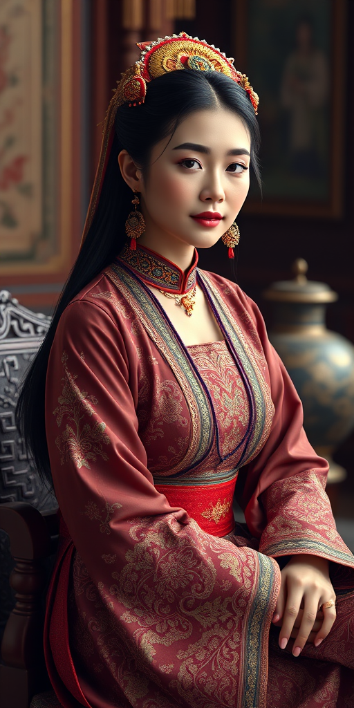 A beautiful Turkmen woman in traditional East Asian attire, intricately detailed with embroidered patterns, sitting gracefully in a richly decorated room, soft ambient lighting, serene and elegant, ultra-realistic, 8K resolution