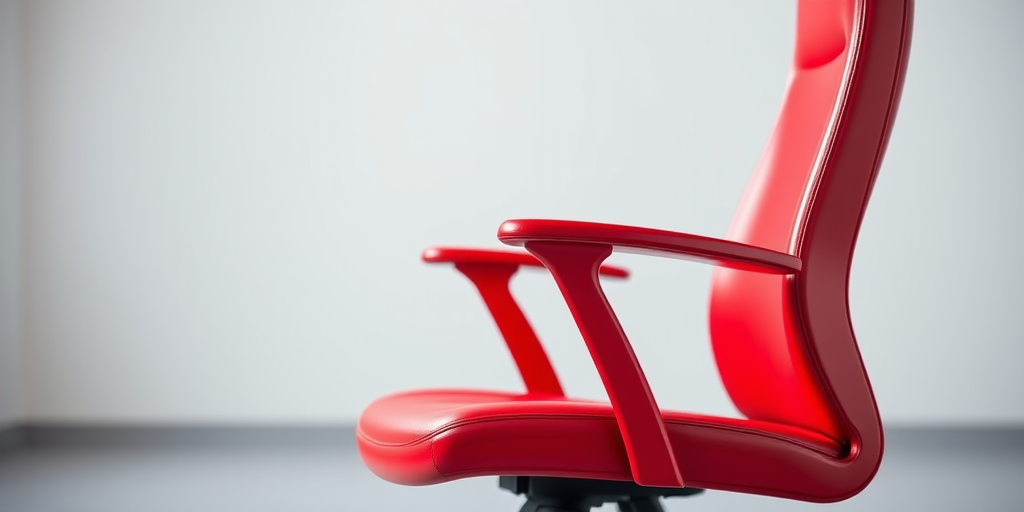 Generate a high-resolution image of a red office chair with a glossy finish, shot in a well-lit studio setting, using a DSLR camera at f/2.8, ISO 100, 50mm lens with a shallow depth of field, capturing the intricate details of the chair's design.