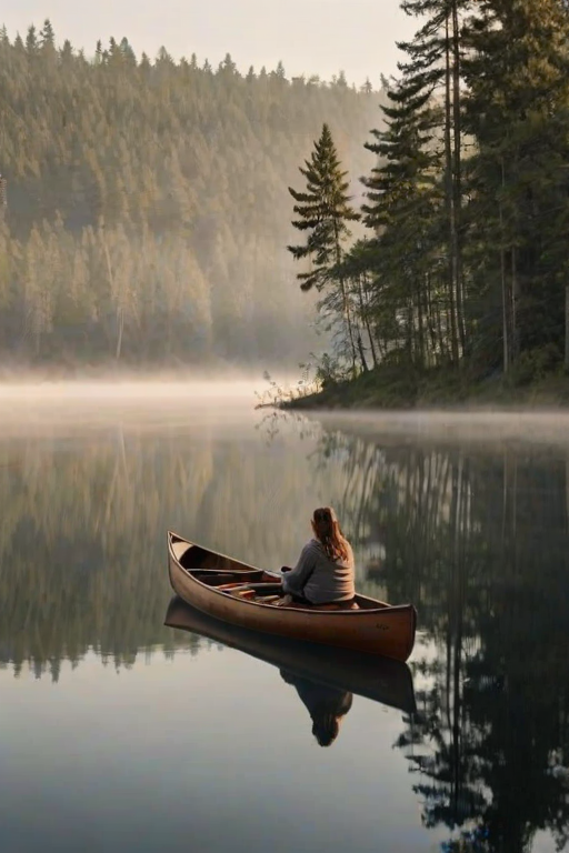 Serene lakeside retreat, with tall trees reflected in the still water, a woman sits in a wooden canoe, paddling slowly across the lake as the morning mist rises around her.