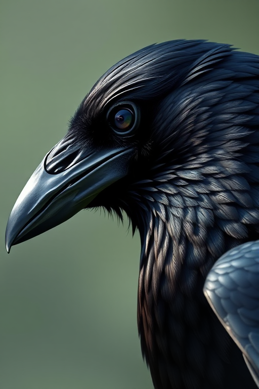 Create a detailed illustration of a crow's head in profile with sharp contrasts and intricate feather details, using a Canon EOS 5D Mark IV, aperture f/4, shutter speed 1/250s, 50mm lens, natural lighting, close-up view, high-resolution digital art style.