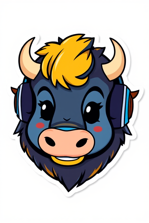 design sticker, Happy Colorful Bison wearing Headphones, kawaii, contour, vector, black background