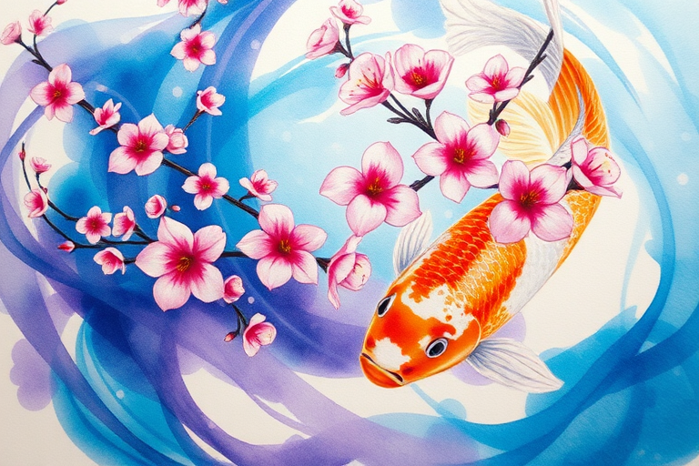 Vibrant watercolor tattoo named "Floral Symphony" featuring delicate cherry blossoms and koi fish swimming through swirling blue and purple hues creating an ethereal underwater garden scene