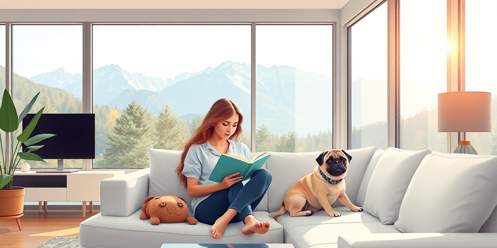 modern living room interior with a woman reading a book on a couch with a pug dog beside her, large windows showing a mountain view, soft natural light, digital illustration, DSLR camera, f/2.8 aperture, 35mm lens, ISO 100, bright and airy composition