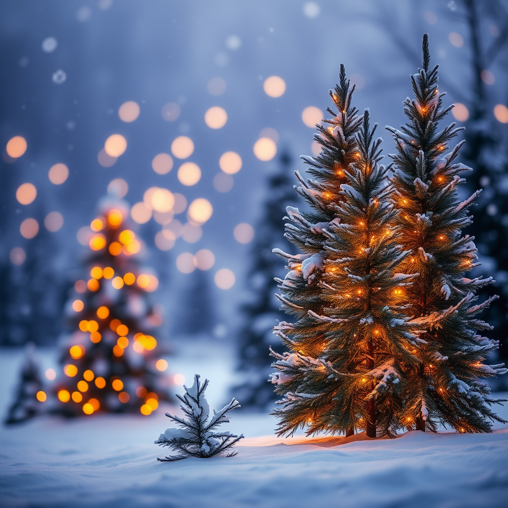 Create a serene winter landscape featuring tall evergreen trees adorned with warm golden lights surrounded by softly falling snowflakes in a dreamy twilight setting with a blurred background of glowing orbs and a gentle ambiance of holiday spirit.