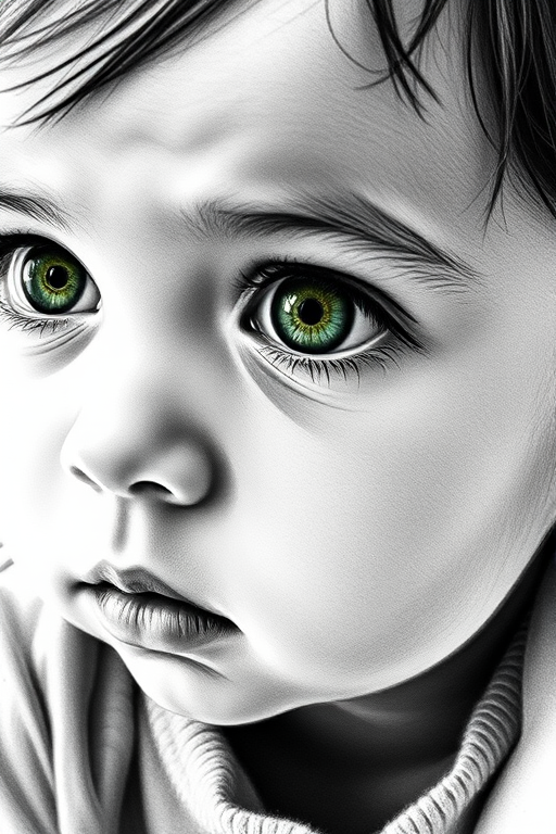 A hyperdetailed photorealistic black and white sketch of a beautiful toddler with deep green eyes, with a macro focus