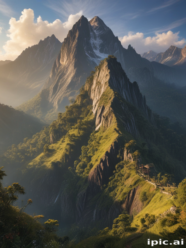 Majestic Mountain Landscape Surrounded by Lush Greenery and Dramatic Skies.