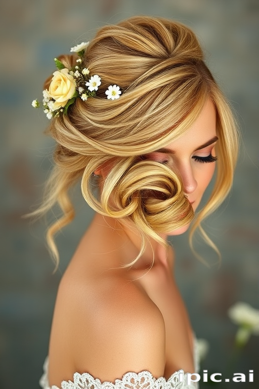 Radiant honey blonde beauty with a romantic, loose updo adorned with delicate flowers, perfect for a bohemian wedding look