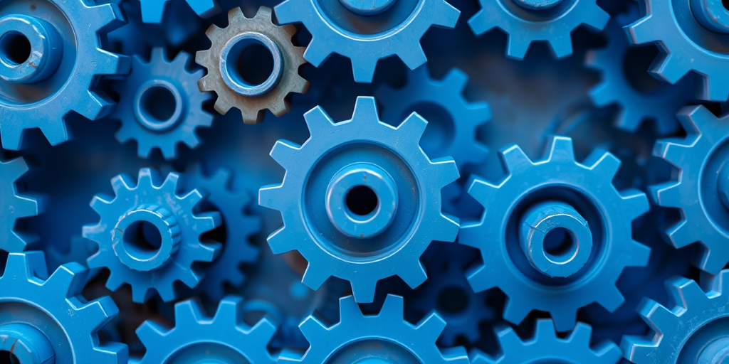Create a seamless pattern of interlocking gears in varying shades of blue, using a macro lens setting, f/4 aperture, ISO 100, 50mm lens, top-down view, vibrant color enhancement, high dynamic range.