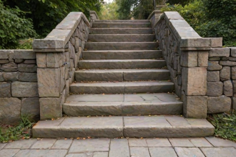 a straight set of stone stairs with a wrought iron railing on either side, against a transparent background